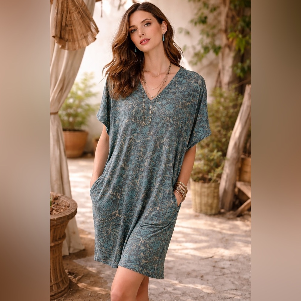 Peruvian Connection Teal Floral Knit Dress Tunic V Neck Pockets S Boho